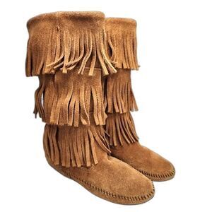 Minnetonka 3 Layer Fringe Genuine Leather Brown Mid Calf Moccasin Boots Size 6